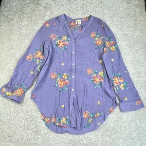 Anthropologie Fig & Flower Purple Embroidered Floral Blouse Shirt